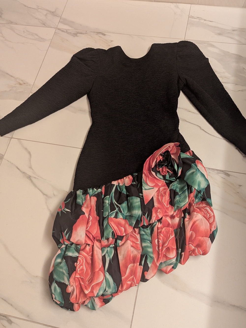 Lalique Black Long-Sleeve Asymmetrical Dress with Coral Rose Print